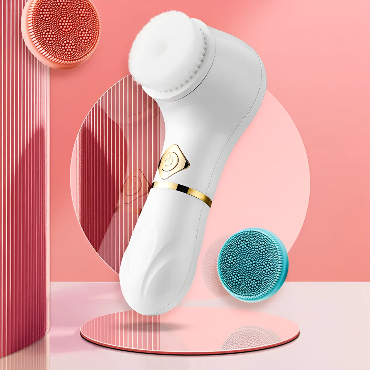 White electric facial cleanser with vibration for pore cleaning, battery operated, compact size, USB option