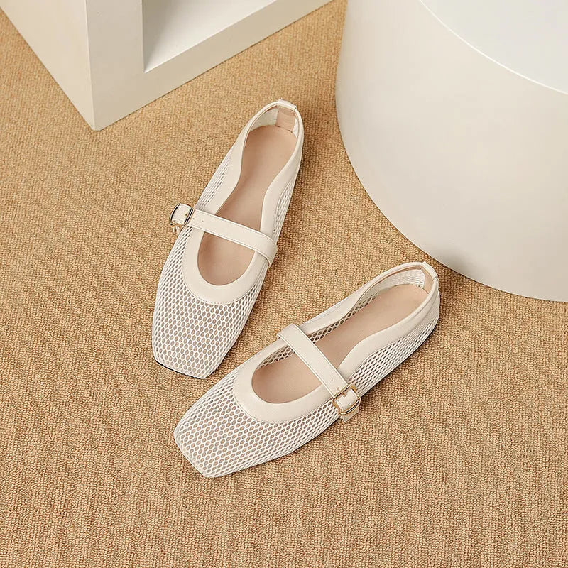 Women's beige mesh summer shoes with buckle fastening and flat square toe