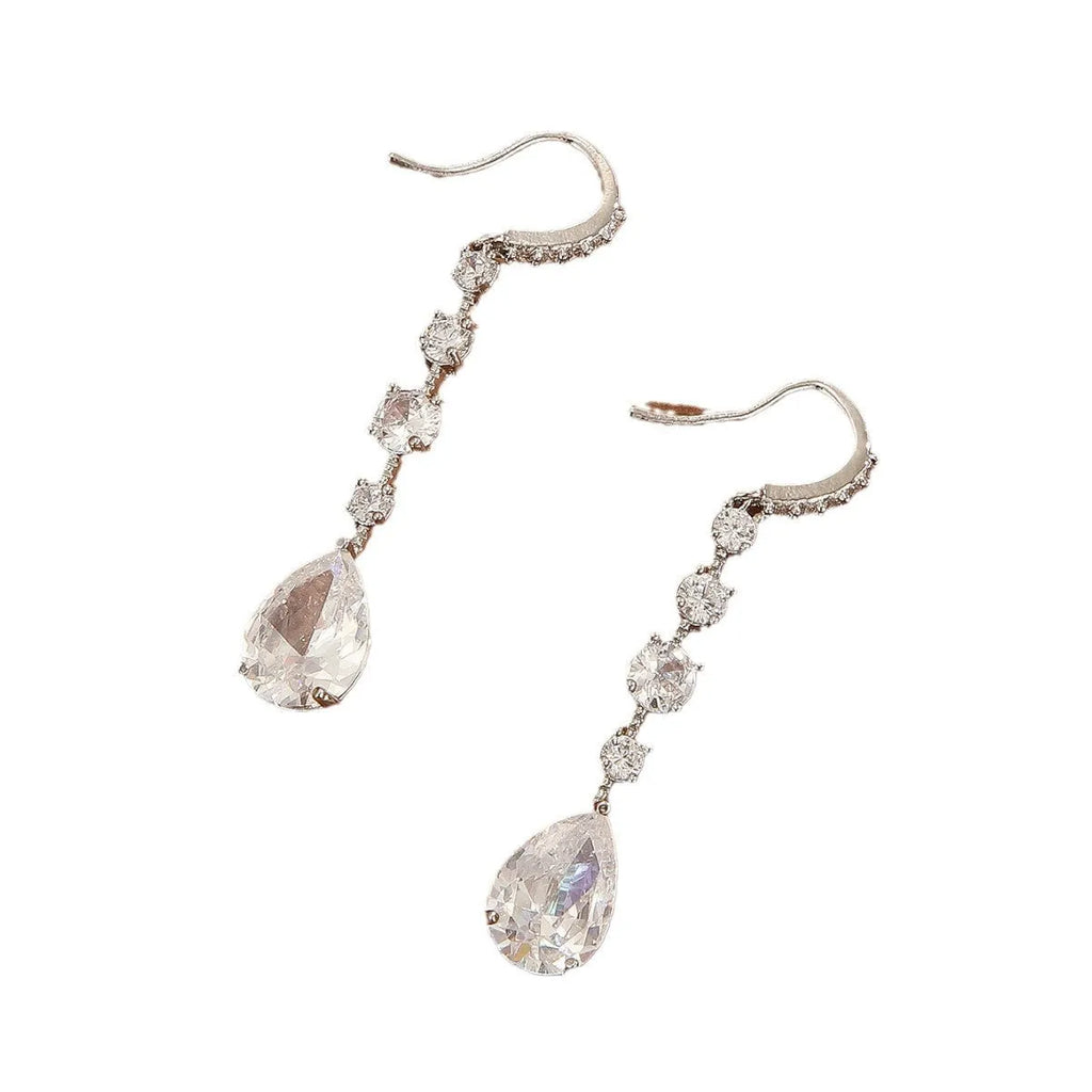 Silver white zircon teardrop drop earrings for women with electroplated copper finish and pear-shaped silhouette