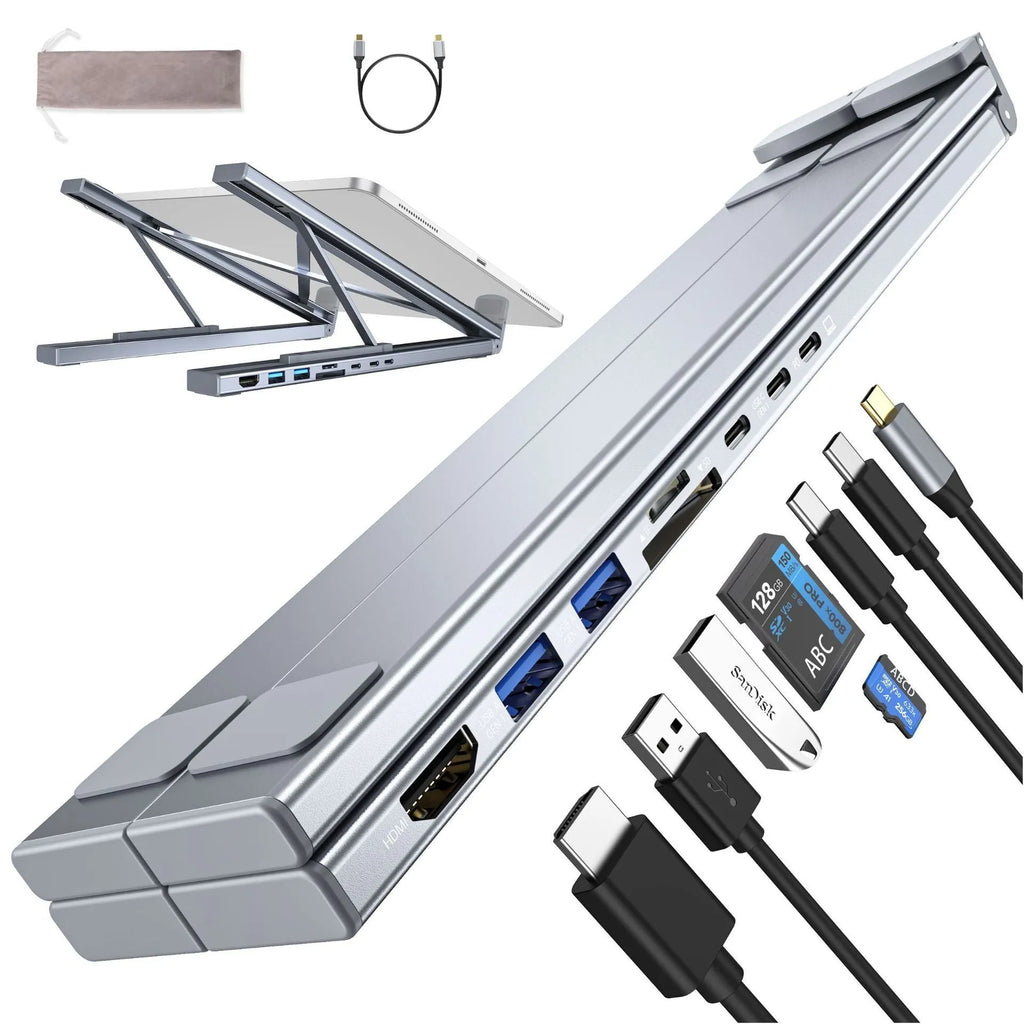 Aluminum alloy folding laptop docking station with 8-in-1 HUB ports and 0.6m cable