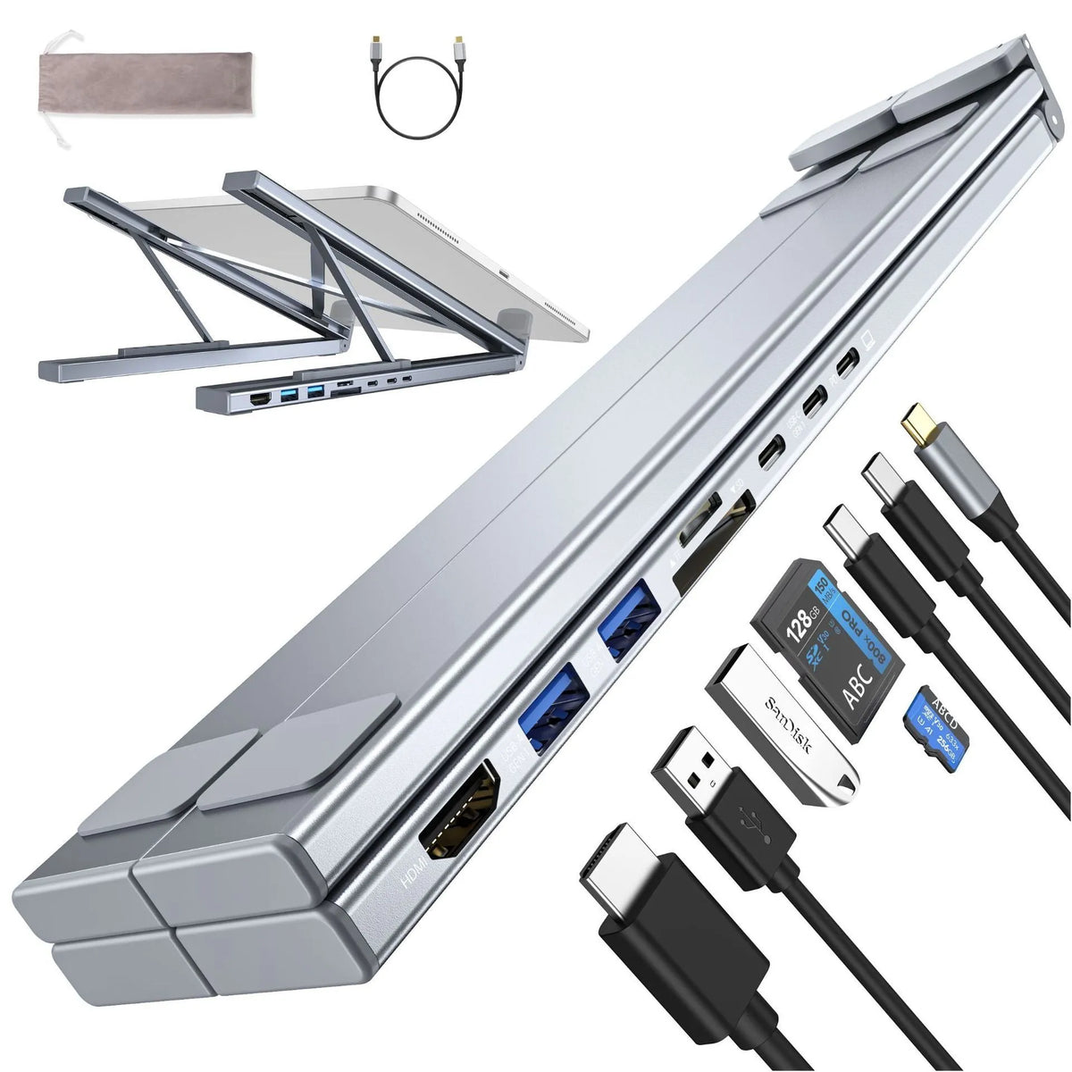 Aluminum alloy folding laptop docking station with 8-in-1 HUB ports and 0.6m cable