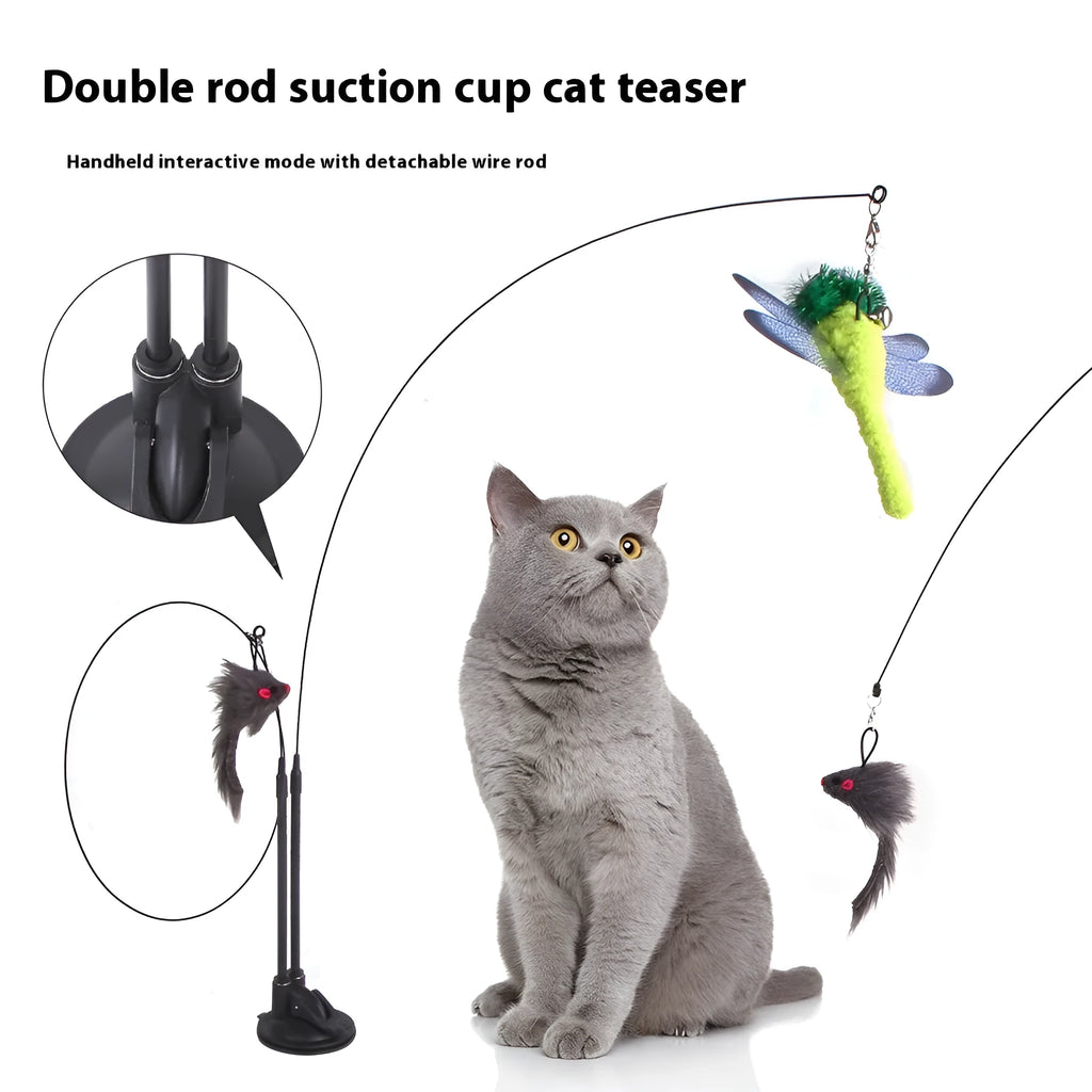 Cat sucker teaser toy with PP wand in blue butterfly gray mouse colour option attached to surface