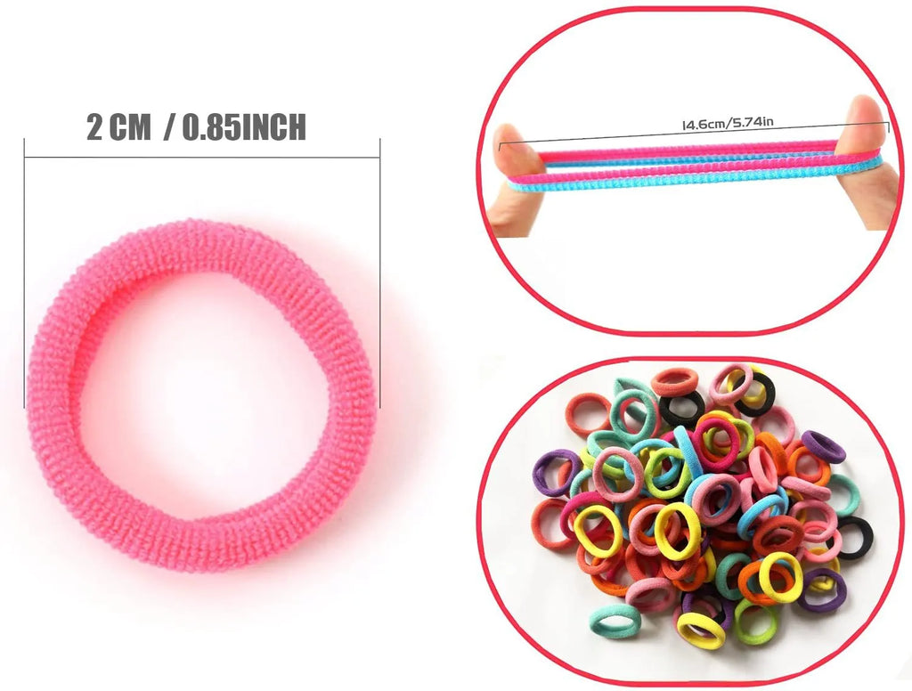 Small jar containing 100 multicoloured seamless cotton hair elastics for babies and toddlers.