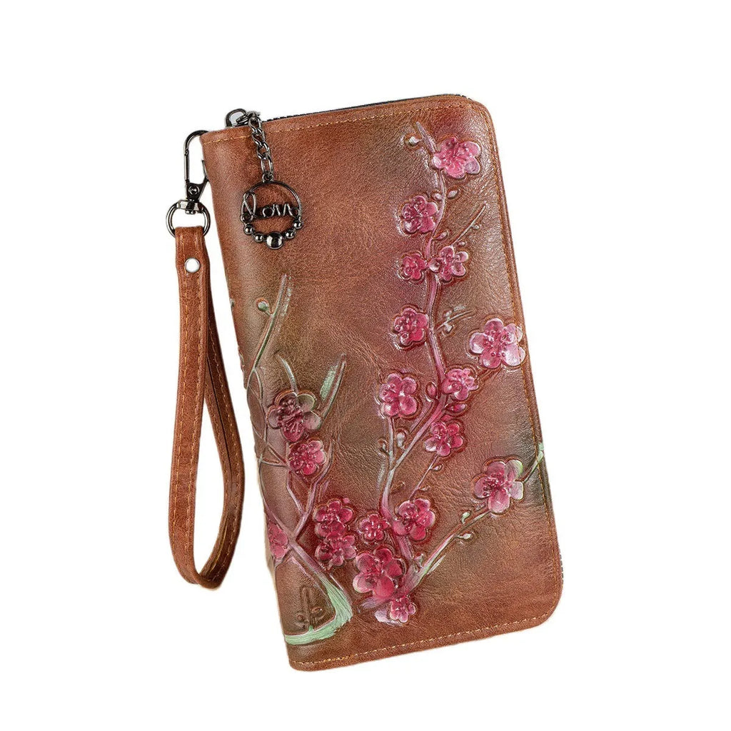 Embossed hand-painted Chinese style floral pattern zipper handbag in black, brown, or coffee.