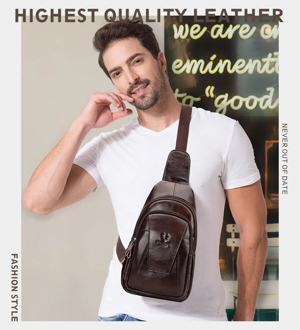 Men's full-grain cowhide single-shoulder bag in dark brown with stitched detailing and solid colour finish