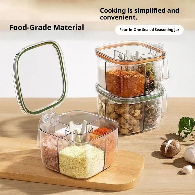 Five-in-one plastic seasoning container box in orange on a kitchen countertop
