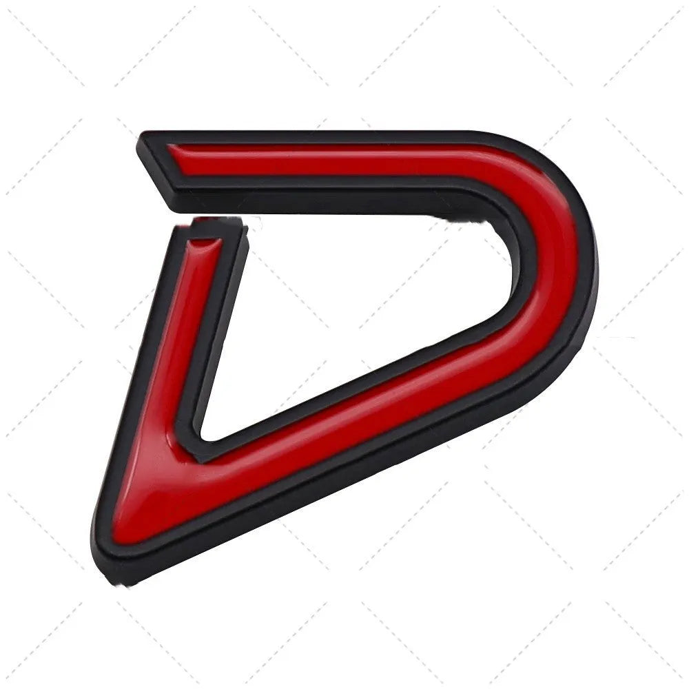 Metal car bumper sticker showing SD geometric pattern in red and silver colours.