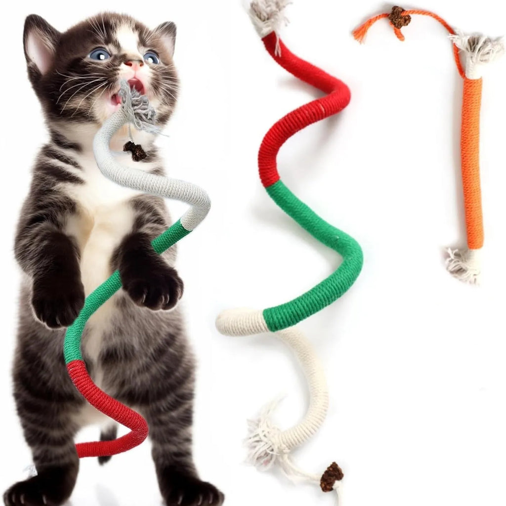 70 cm bite-resistant cotton rope cat toy in purple, orange, and green colour variations