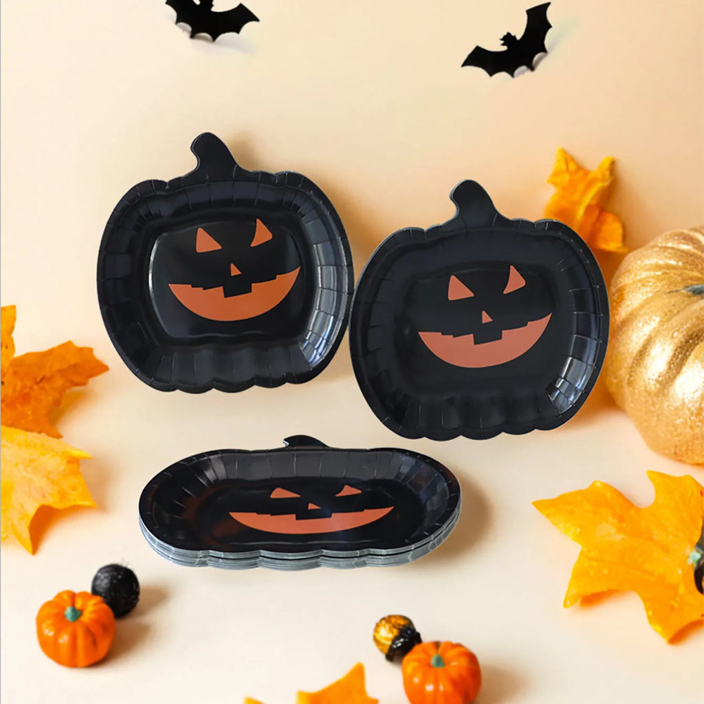 Black Halloween pumpkin design disposable paper plates in 9-inch size