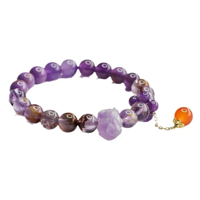 Natural nine purple fire Duobao crystal bracelet with amethyst beads and red agate accents in Mori style