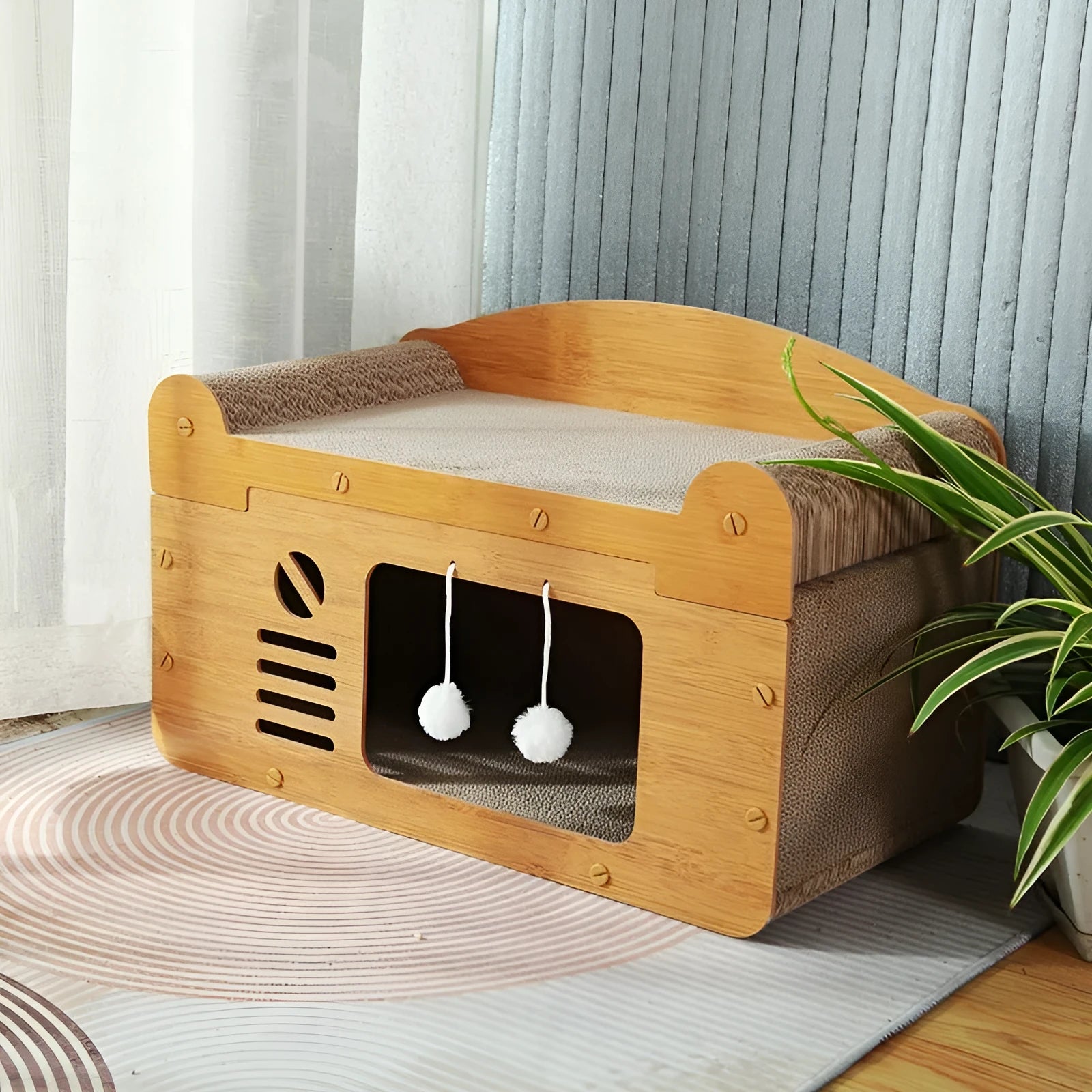 Double layer corrugated paper cat house with double ball double door design