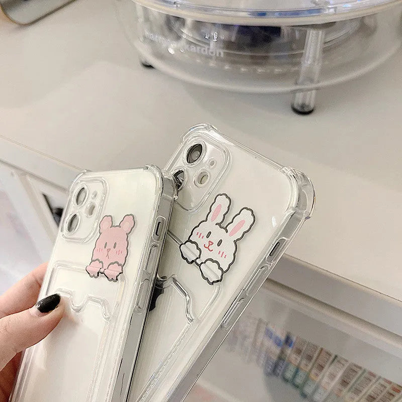 Transparent cartoon phone case with card holder pocket for iPhone models