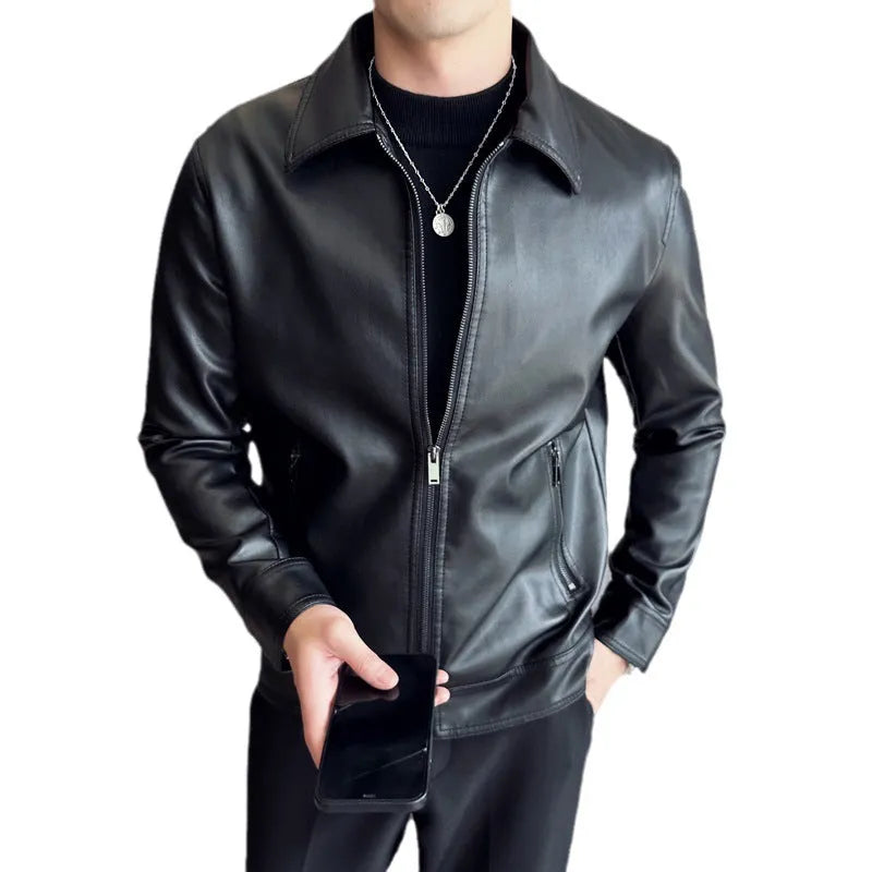 Men's black PU leather casual jacket with zip-up front and zipper pockets.