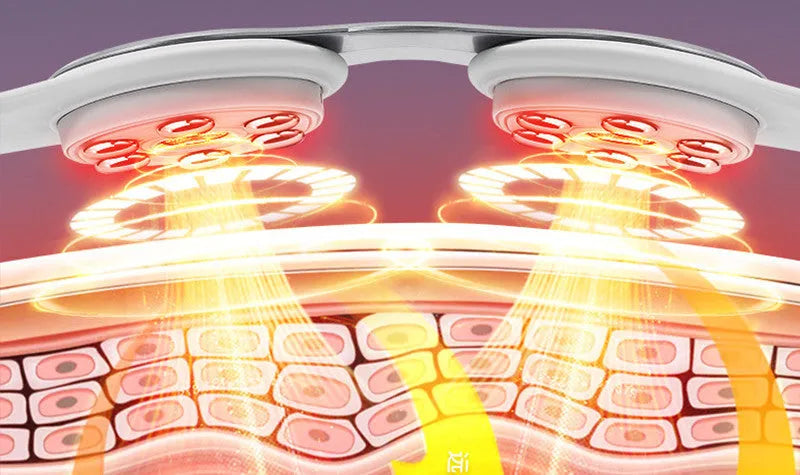 White rechargeable far infrared lumbar massage belt with three gears and Type-C charging port on a flat surface