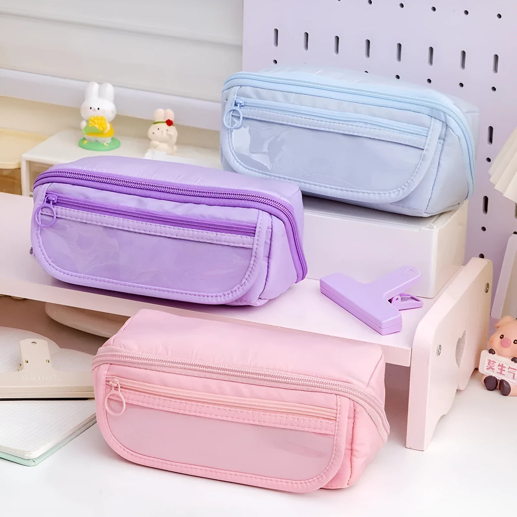 Canvas pencil case with flip design in Korean style showing organisation compartments