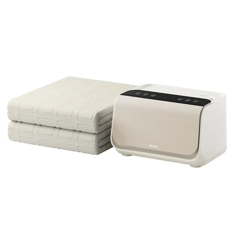 Aideng electric water blanket with smart host controller in two size options on a bed.