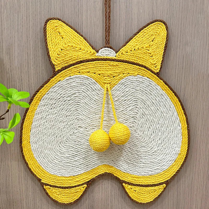 Yellow Corgi butt design sisal cat scratching board with anti-slip base measuring 37cm by 40cm