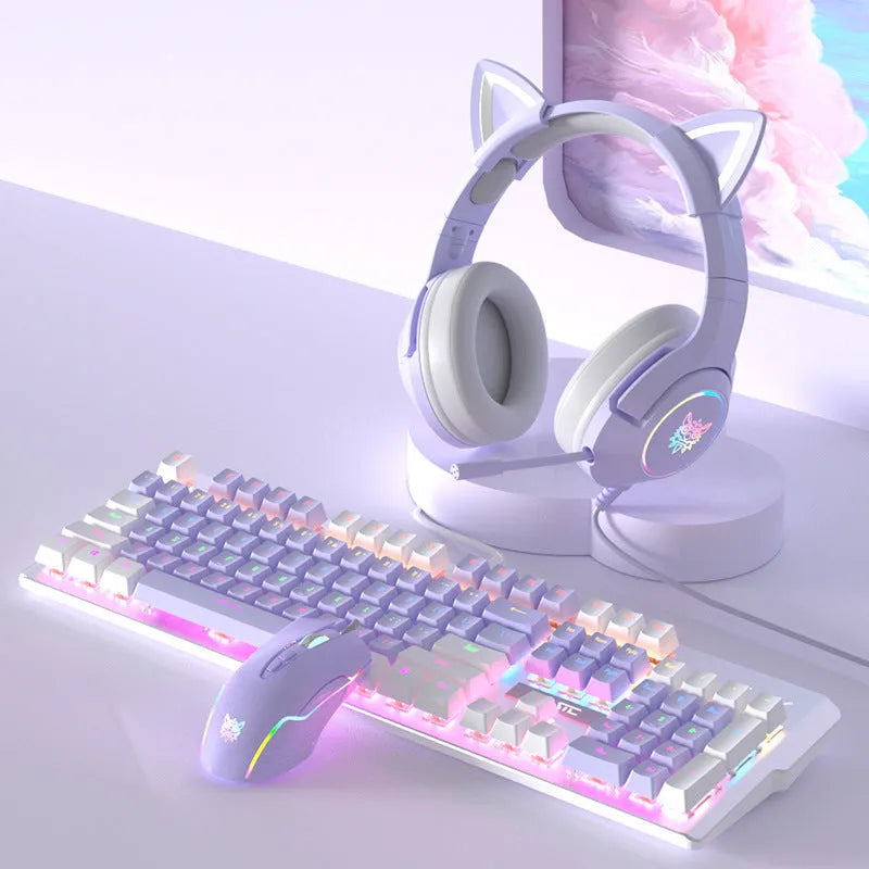 Purple-white mechanical keyboard and mouse gaming bundle with backlight illumination on desktop setup