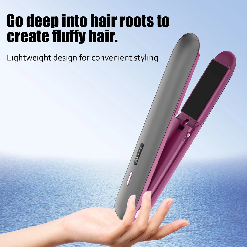 Moon shadow grey wireless hair straightener with tourmaline ceramic plates on a grey background.