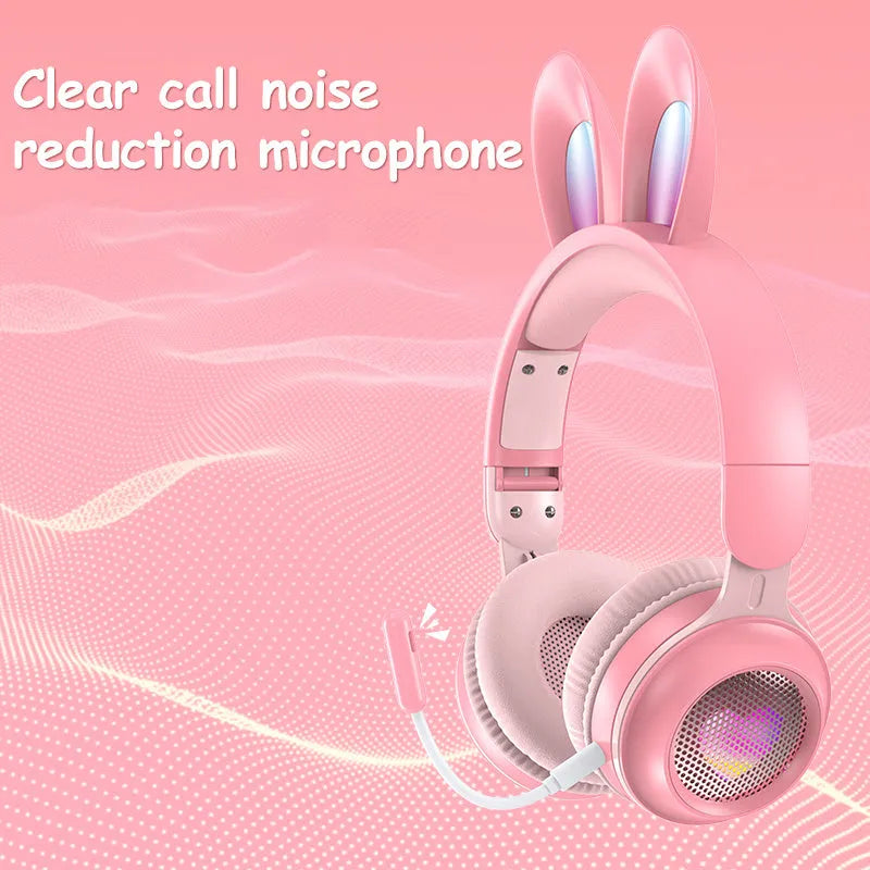 Wireless rabbit ear headphones with RGB LED ears in pink, foldable design on white background