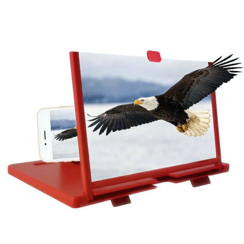 Plastic mobile phone screen magnifier in black, white, or red, 10-inch or 12-inch size with stand.