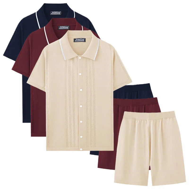 Man wearing a khaki short-sleeve knit top and matching shorts from a Tencel blend two-piece set.
