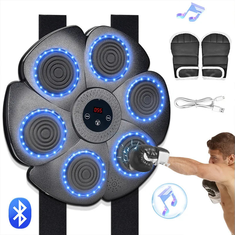 Black smart boxing wall target with LED lights and Bluetooth connectivity for indoor training