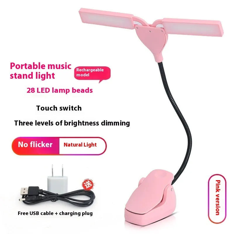 Rechargeable black music stand light with 28 LED lamps clipped to metal music stand
