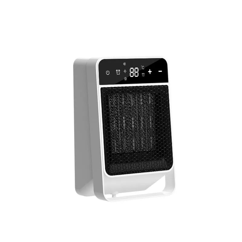 Black desktop electric heater with touch screen display and remote control on wooden desk