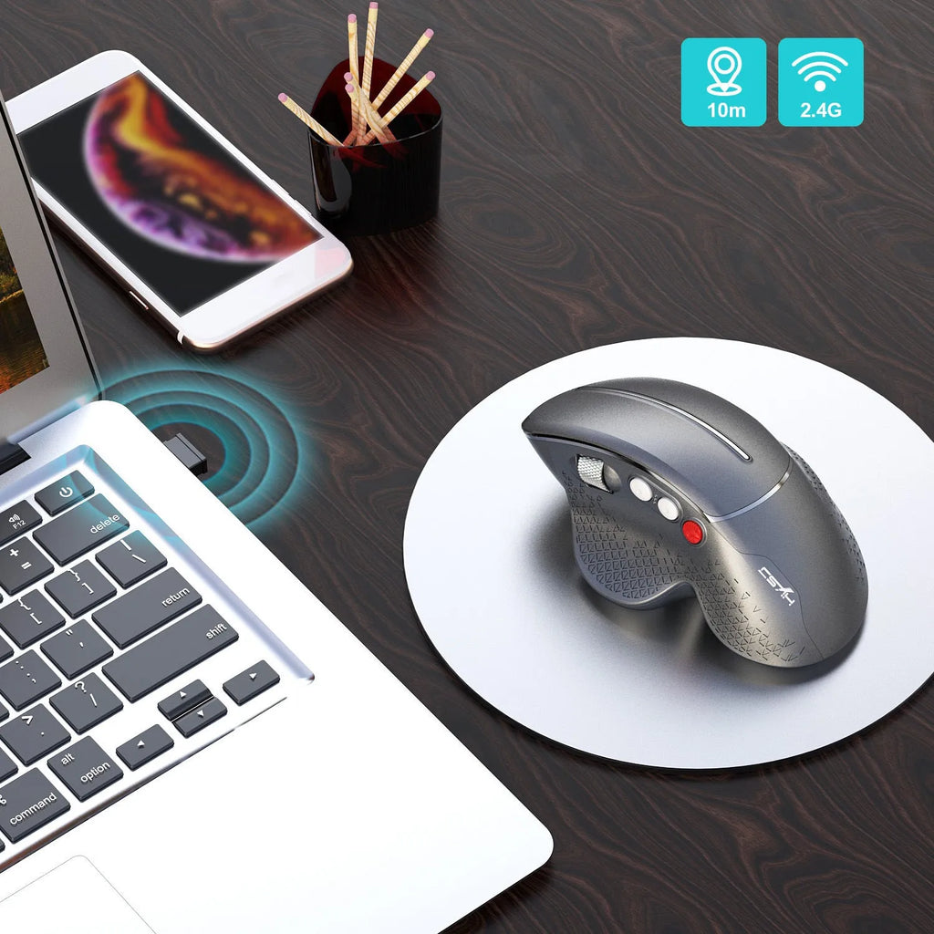T32 black and silver wireless vertical ergonomic mouse with side aluminium roller.