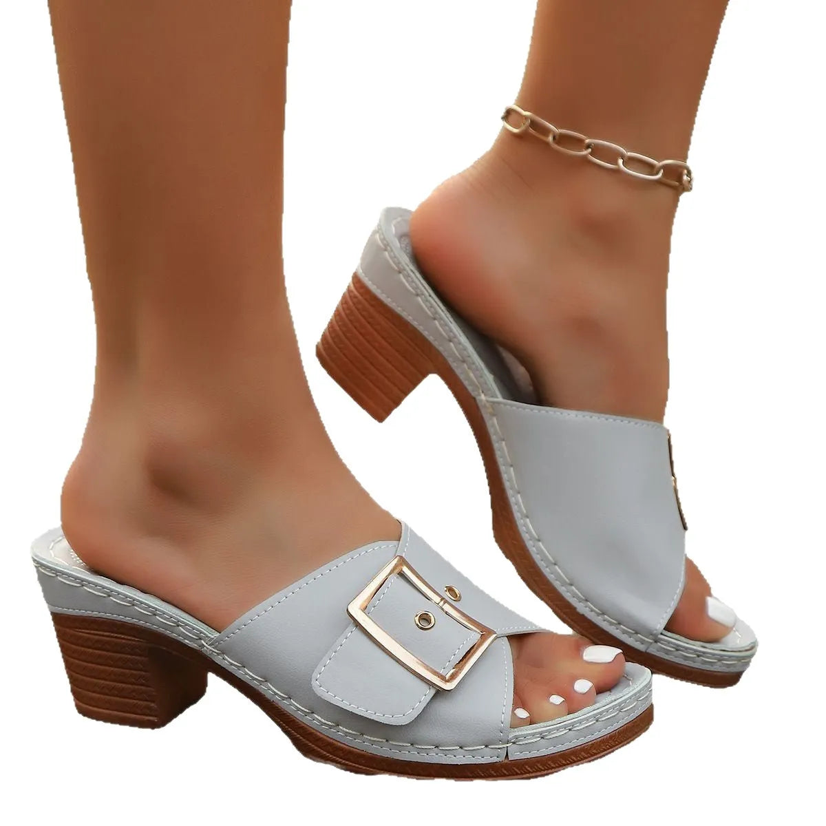 Women's black and light blue chunky heel sandals with a metal buckle and retro round-toe design.