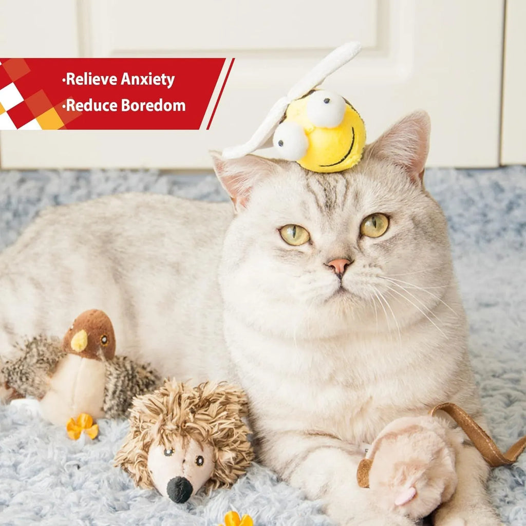 Yellow bee-shaped flannelette cat toy with motion-activated squeaking feature for interactive indoor play