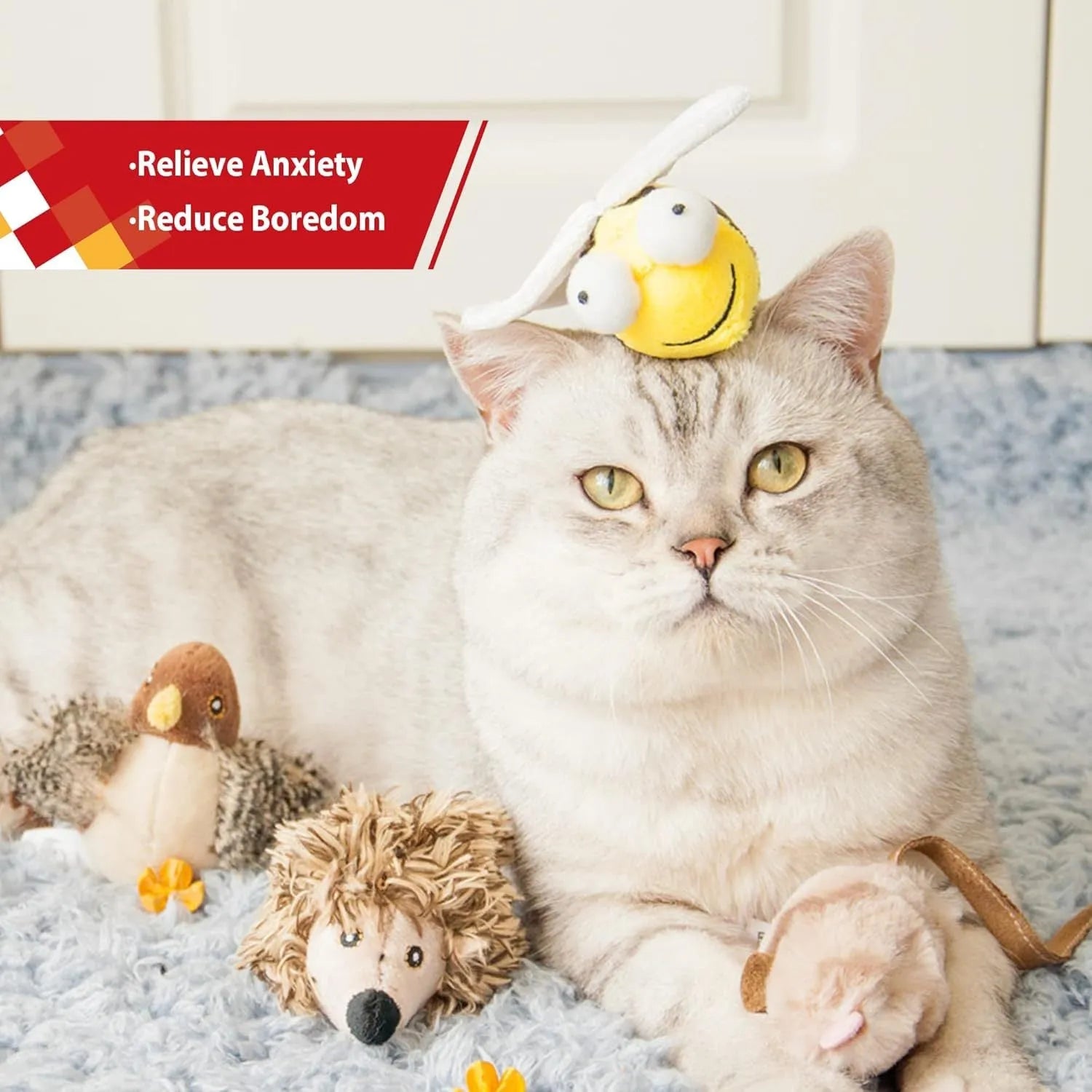 Yellow bee-shaped flannelette cat toy with motion-activated squeaking feature for interactive indoor play