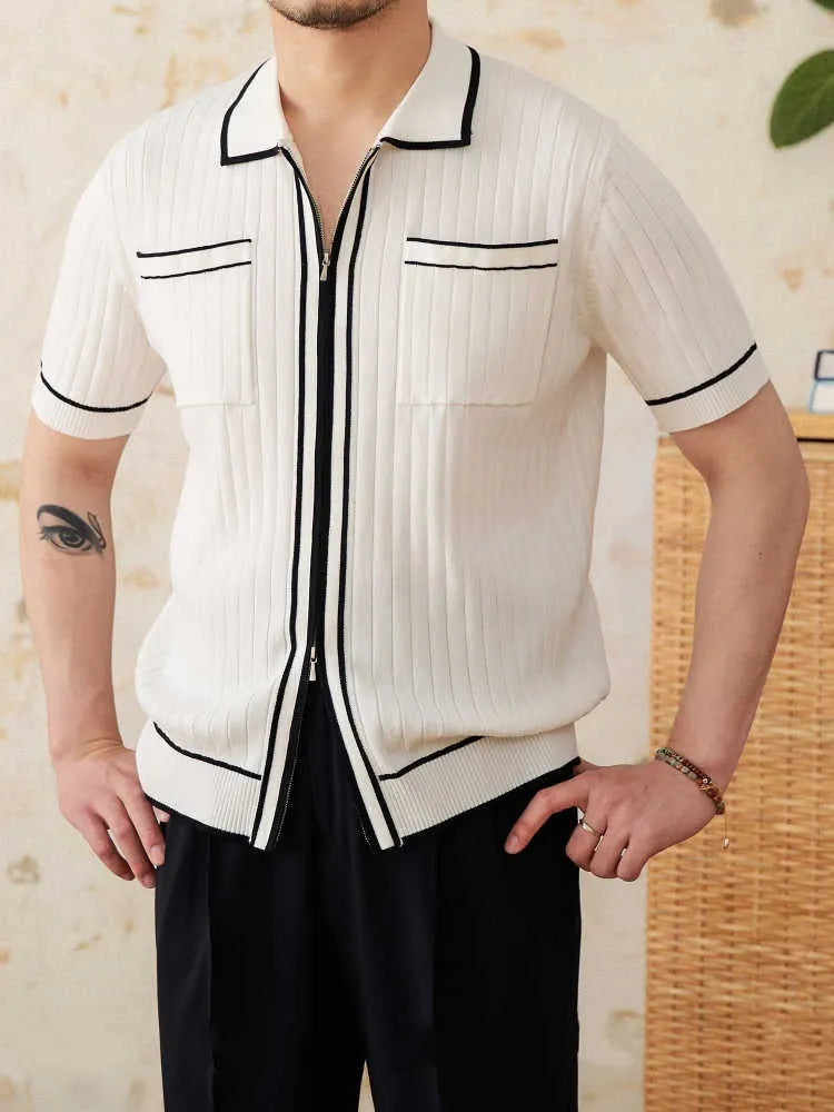Slim black elastic lapel polo shirt with short sleeves on a hanger.