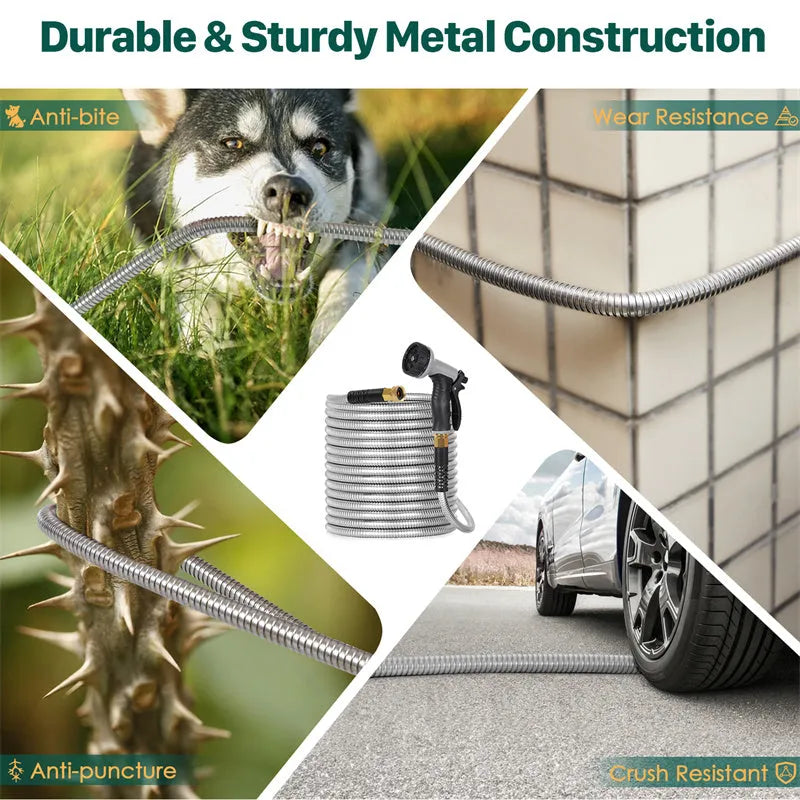 100ft stainless steel metal garden hose with 10-pattern adjustable spray nozzle and 2 nozzles