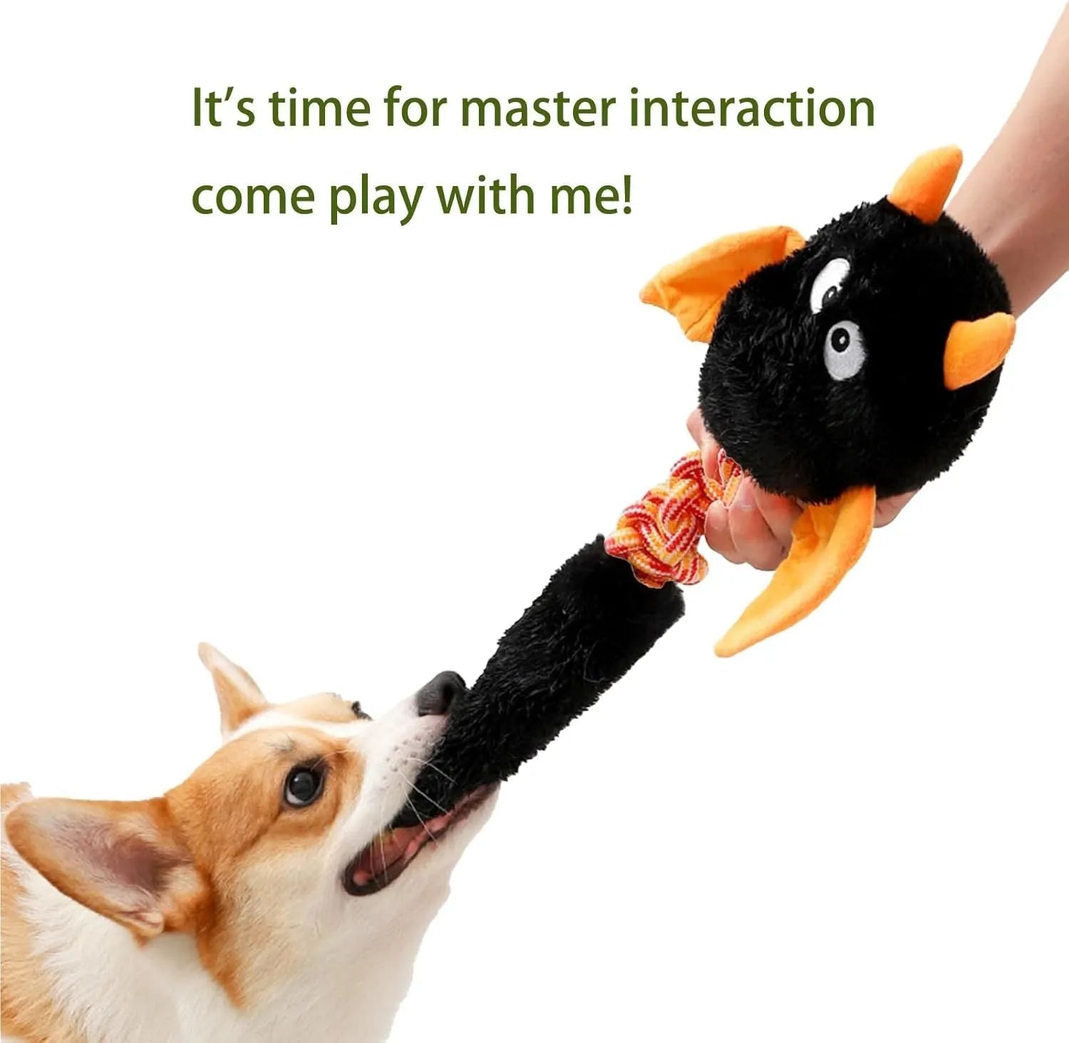 Cartoon-shaped plush dog toy with a rope knot in black, green, or red