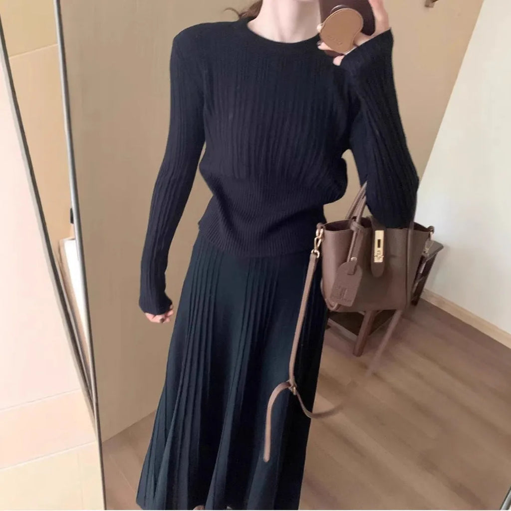 Dark grey knitted dress suit two-piece set with 3D effect pattern ethnic style