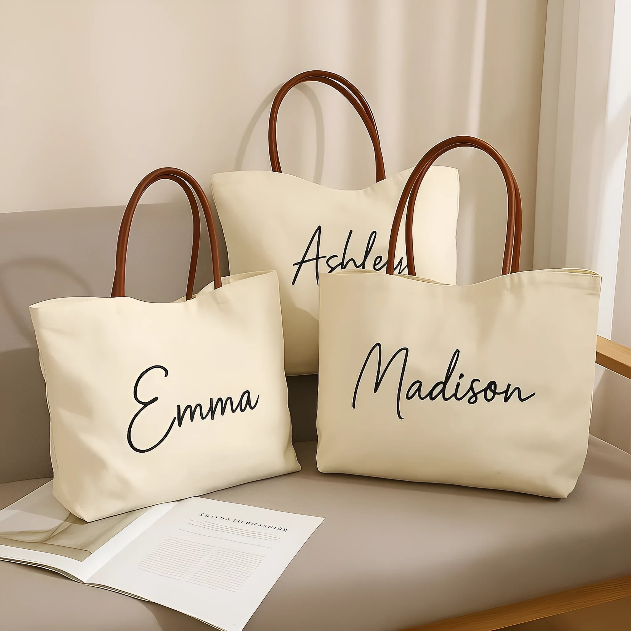 Large beige white canvas tote bag with a reinforced flat base and roomy interior.