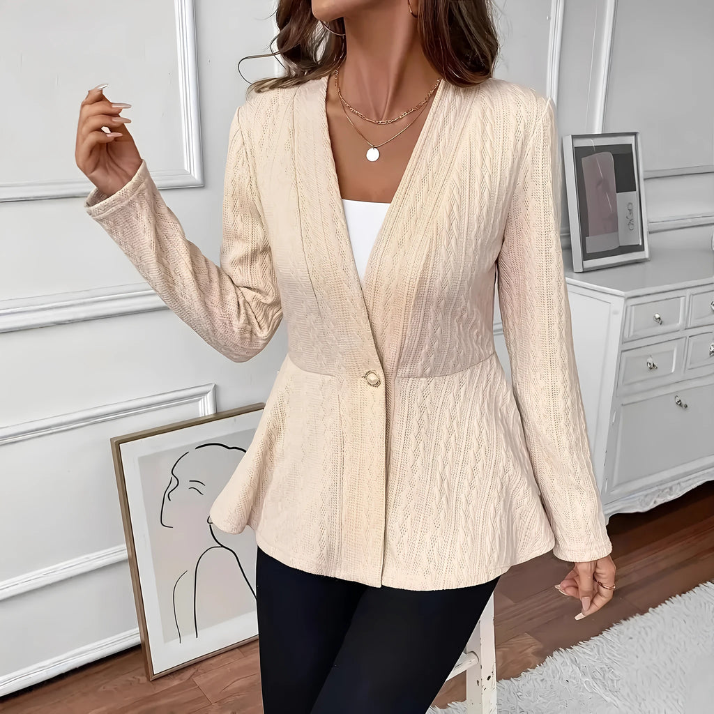 Women's apricot Jacquard knitted cardigan with single button front and regular long sleeves