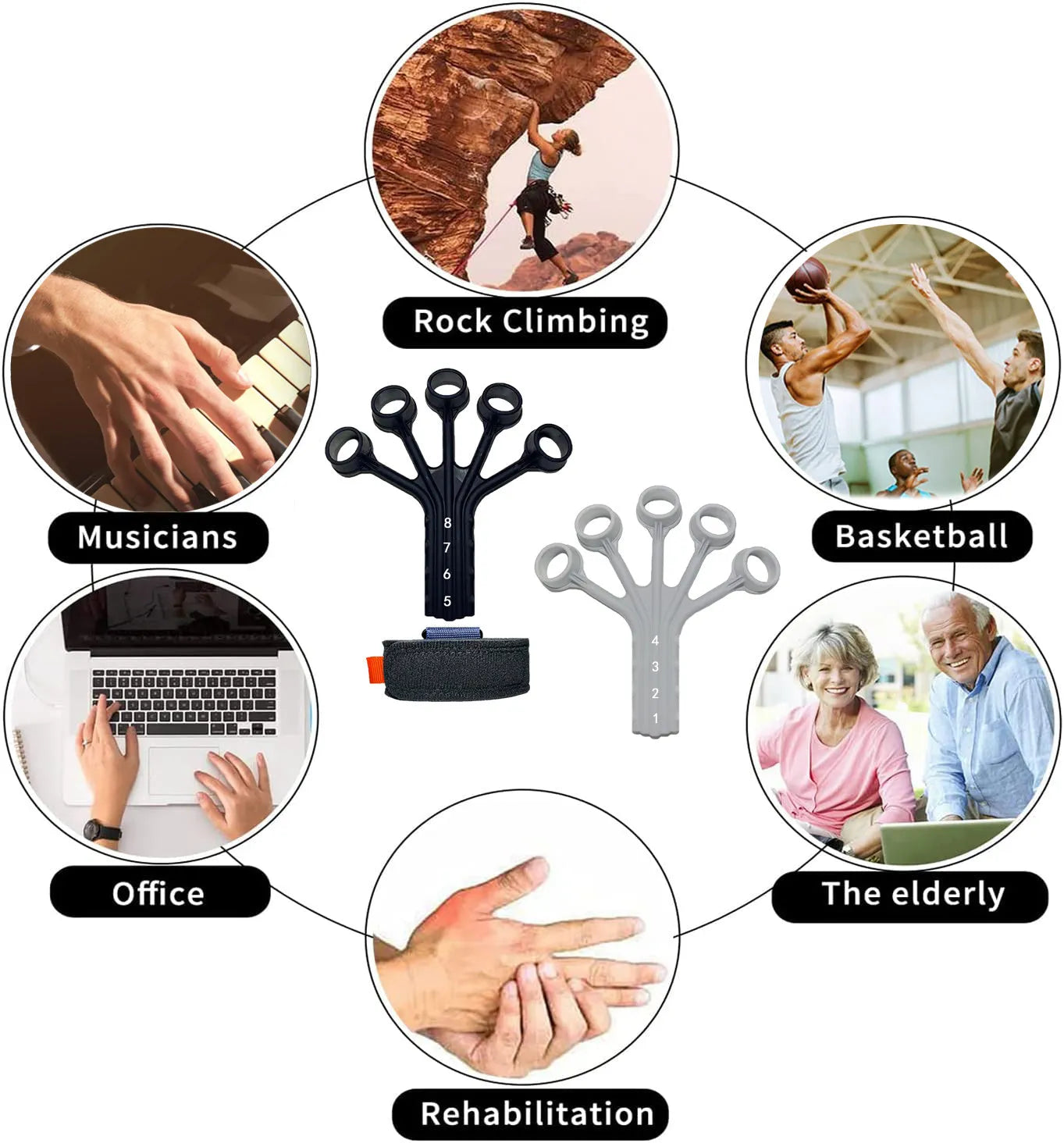 Black and grey silicone finger trainer with adjusting belt for rehabilitation and abdominal exercises.