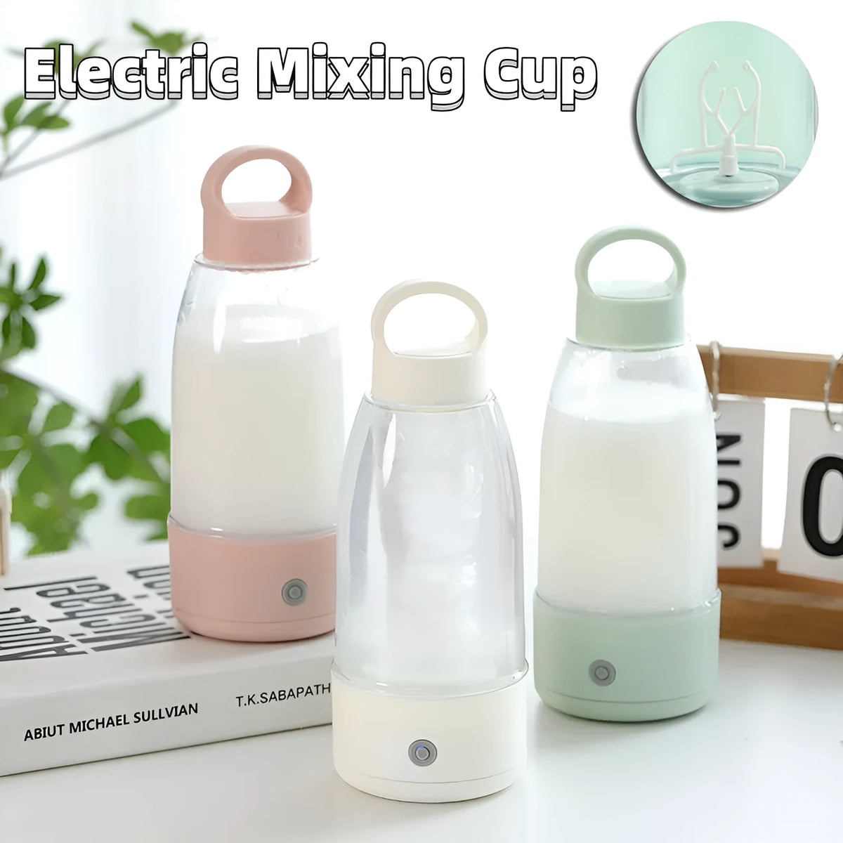 Automatic electric shaker bottle with USB port, handle, and blending motor in green, pink, or white colour.