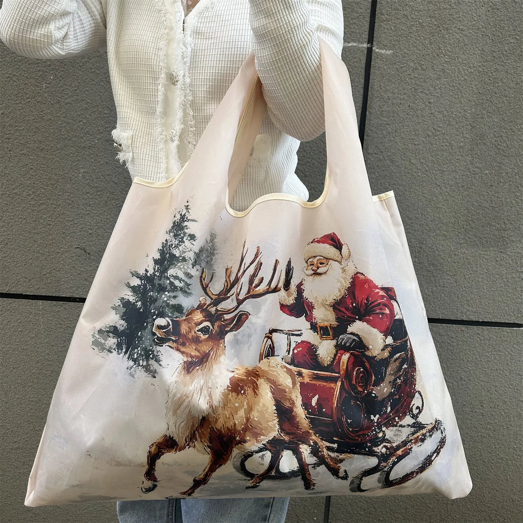 One-shoulder Santa Claus gift bag in red with festive design, large polyester bag with Santa pattern