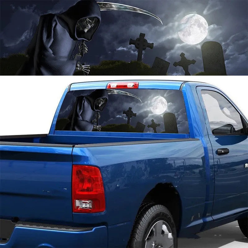 Death Graveyard rear windshield sticker for SUV and pickup truck, available in 135x36cm and 147x46cm.