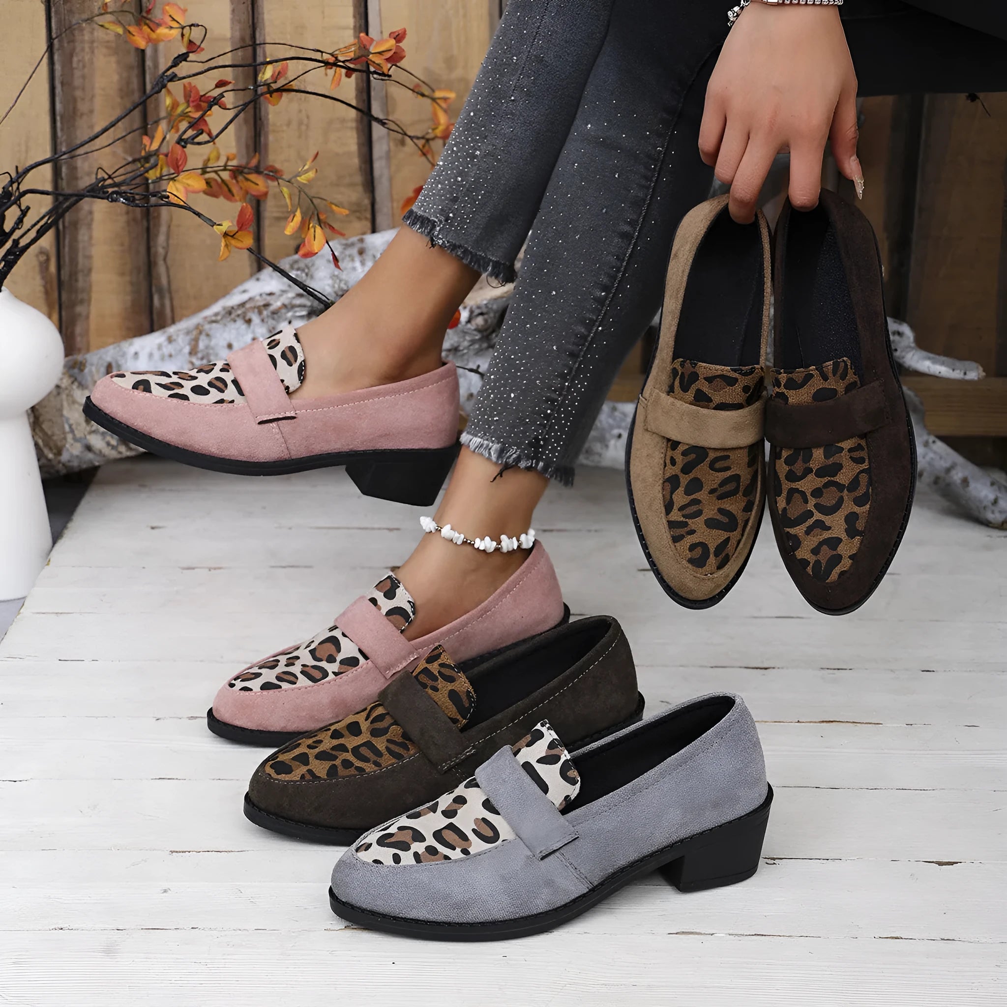 Leopard print slip-on suede pumps with chunky heel and pointed toe in three colour options