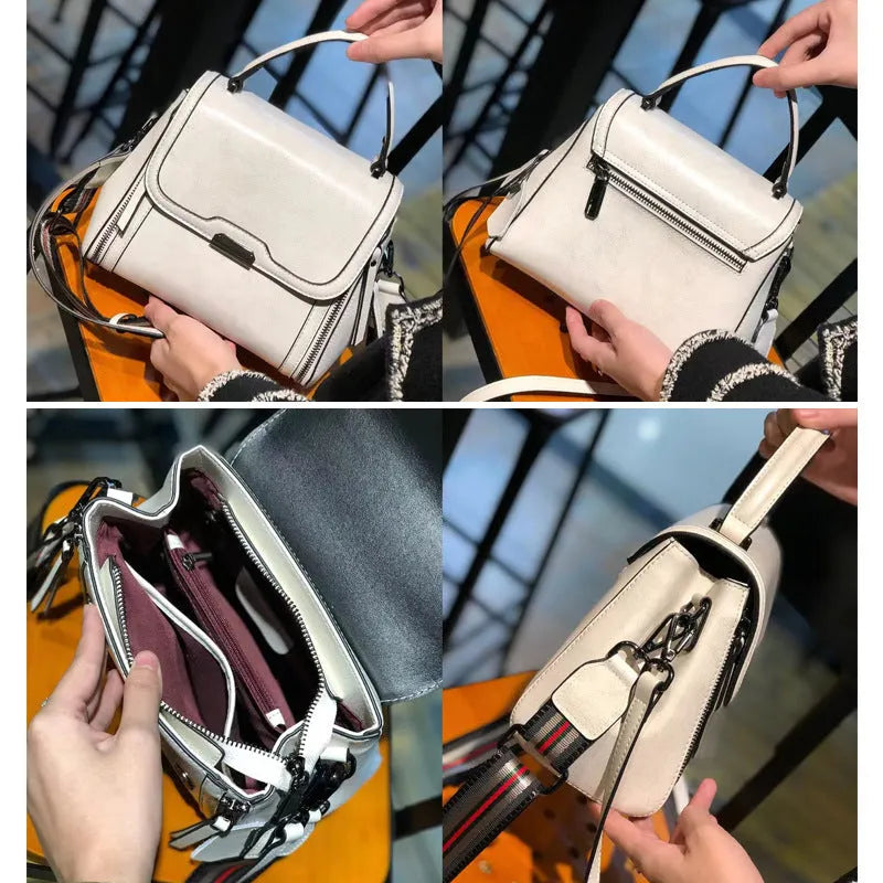 Genuine leather women's messenger bag in horizontal square shape with internal organisation pockets