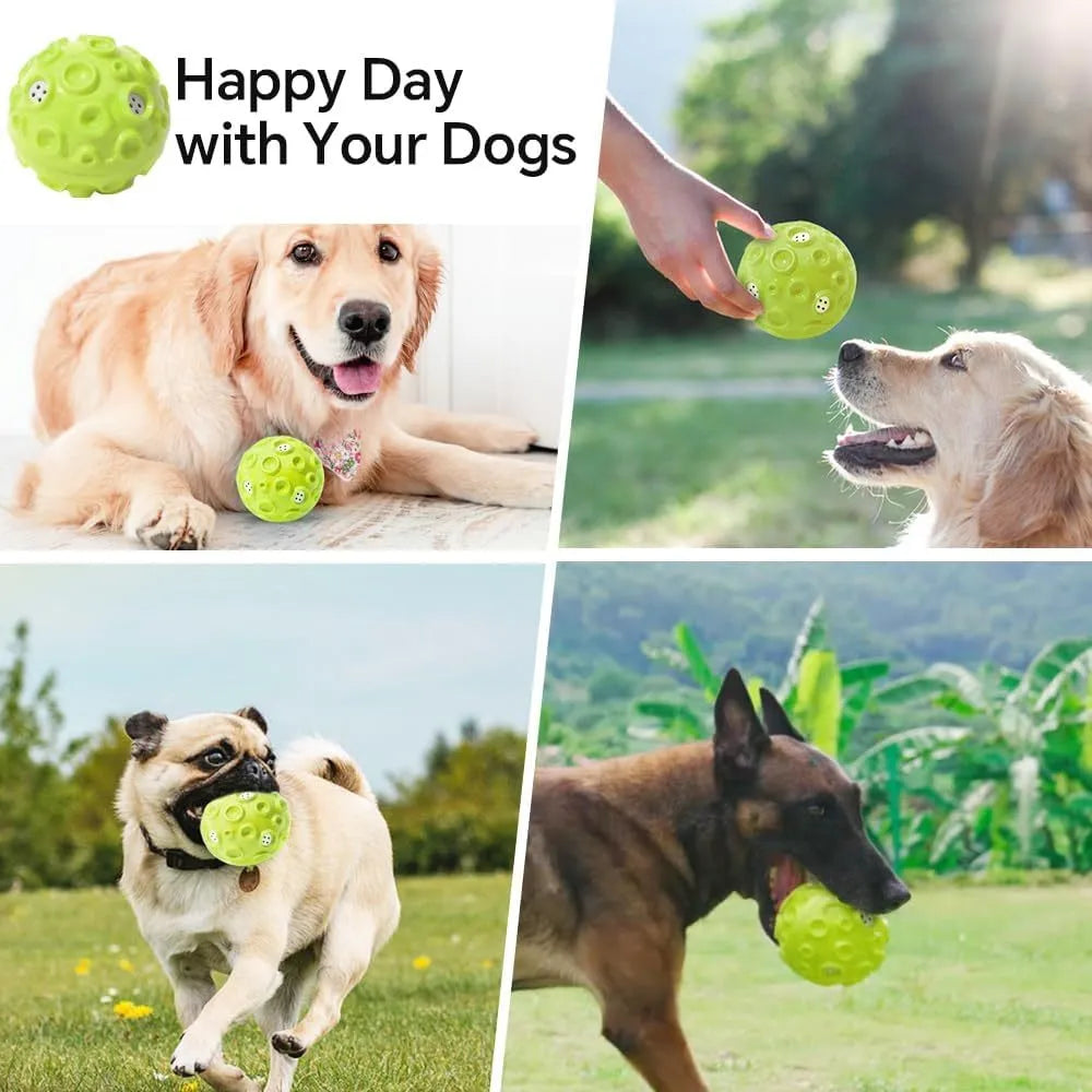 Durable natural rubber dog ball with meteorite-shaped bumps for aggressive chewers in multiple colour options