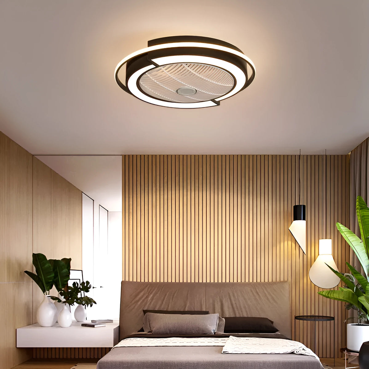 55cm Nordic LED ceiling fan light in black white with acrylic diffuser and ABS fan blades for bedroom or dining room