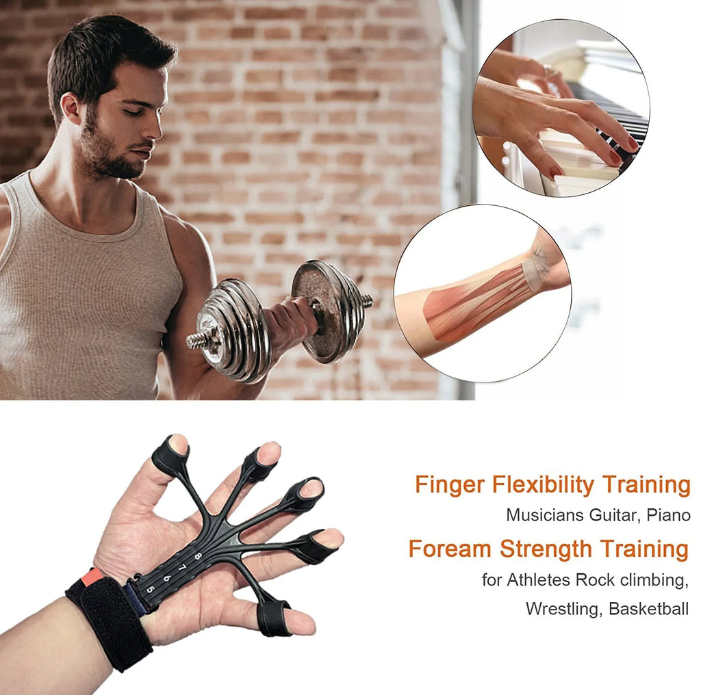 Black and grey silicone finger trainer with adjusting belt for rehabilitation and abdominal exercises.