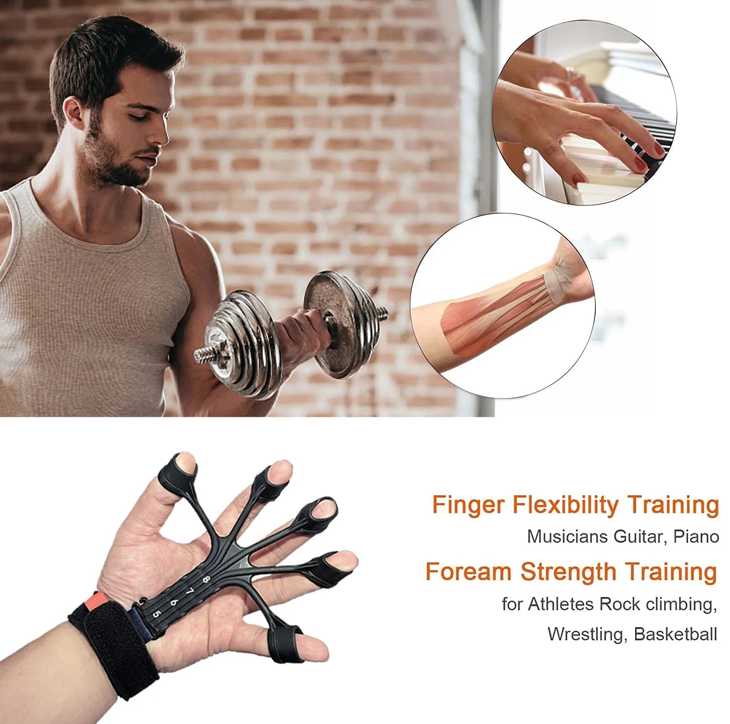 Black and grey silicone finger trainer with adjusting belt for rehabilitation and abdominal exercises.