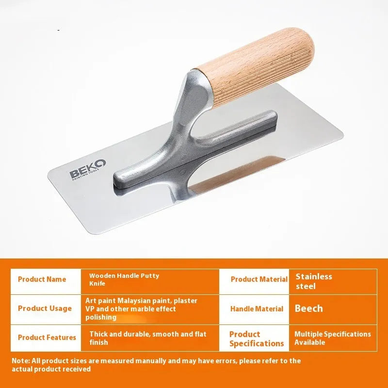 Stainless steel putty scraper with wooden handle showing three blade size options for cement application